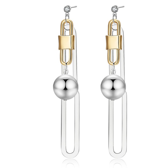 Jewelry - NEW Two Tone Link Lock Ball Crystal Drop Earrings